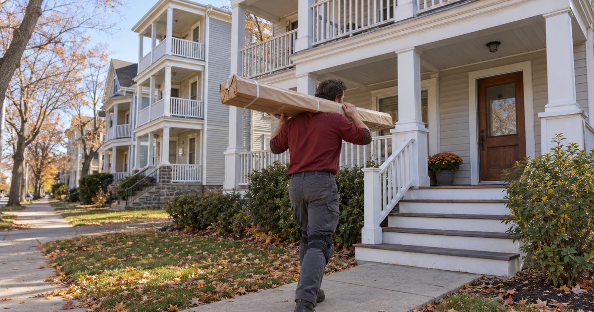 Worker carrying a bundle of new oak flooring up the front walk of a three-decker in Lawrence, MA.