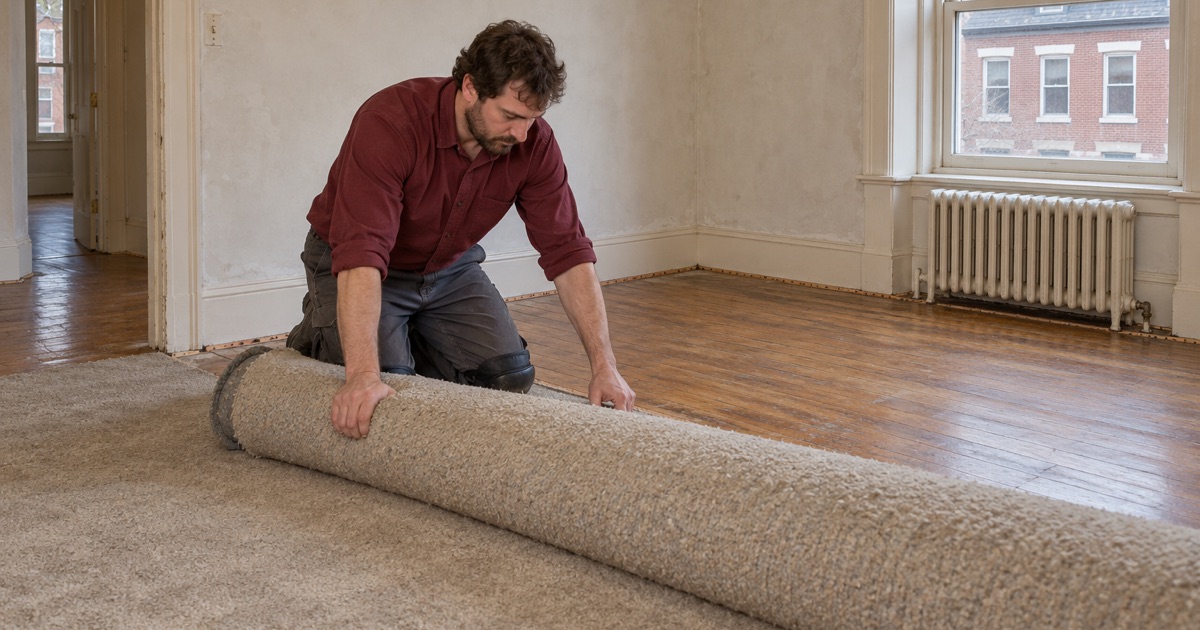 Worker rolling up old wall-to-wall carpet to uncover the original oak floor in a brick rowhouse in Lawrence, MA.