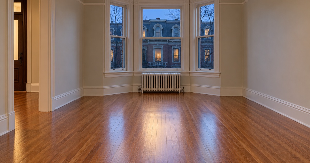 Refinished red oak floor glowing in the front parlor of a slate-roofed Second Empire two-family in Lawrence, MA.