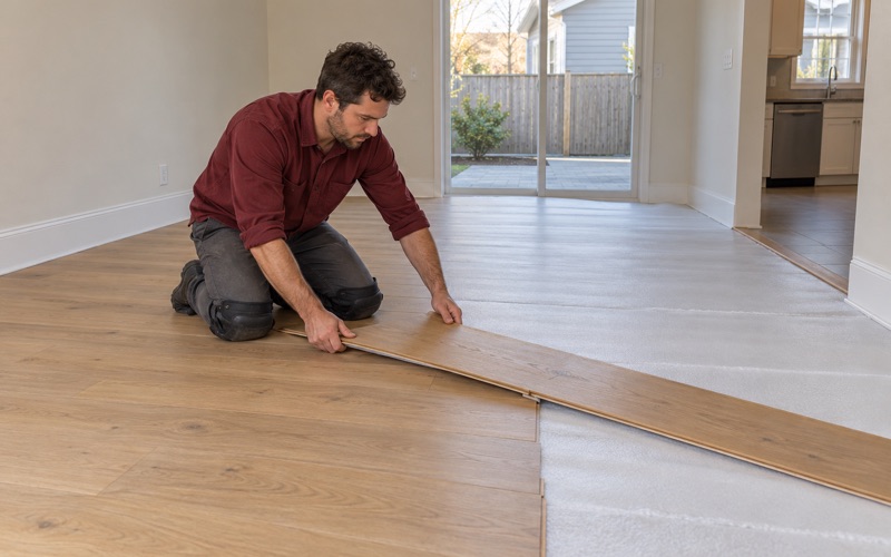 Worker angling a wide engineered oak plank into the previous row over foam underlayment in a townhouse in Lawrence, MA.
