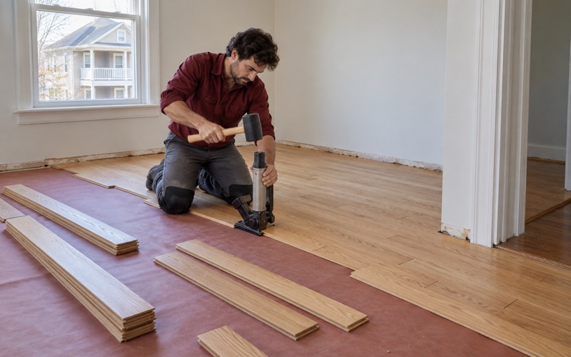 Worker driving a flooring nailer along the tongue of a new red oak strip in a renovated Lawrence, MA, flat.