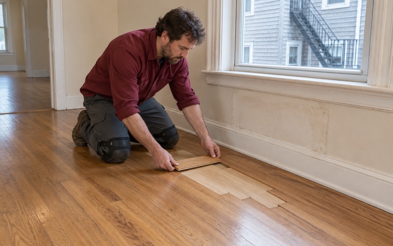 Worker lowering a replacement oak strip into the floor where a radiator was removed in a Lawrence, MA, flat, the new strips staggered into the old.