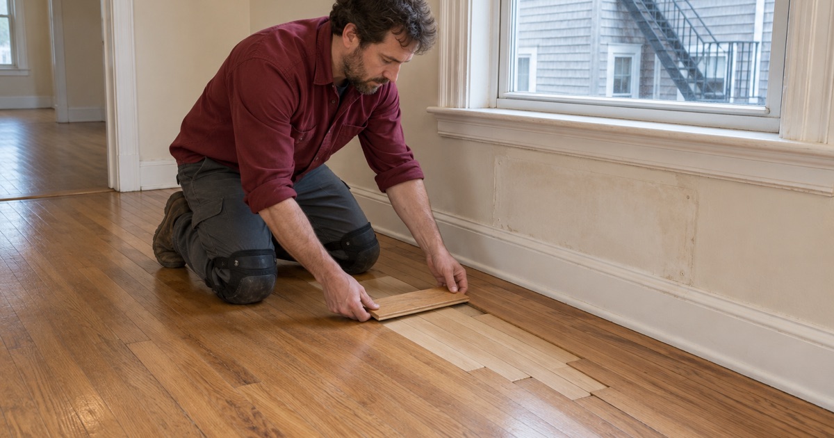 Worker lowering a replacement oak strip into the floor where a radiator was removed in a Lawrence, MA, flat, the new strips staggered into the old.