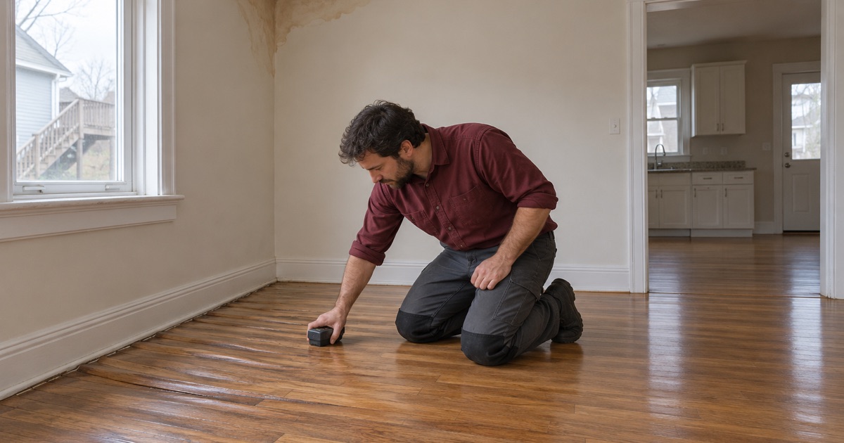 Worker pressing a moisture meter to cupped oak boards beneath a water-stained ceiling in the lower flat of a two-family in Lawrence, MA.