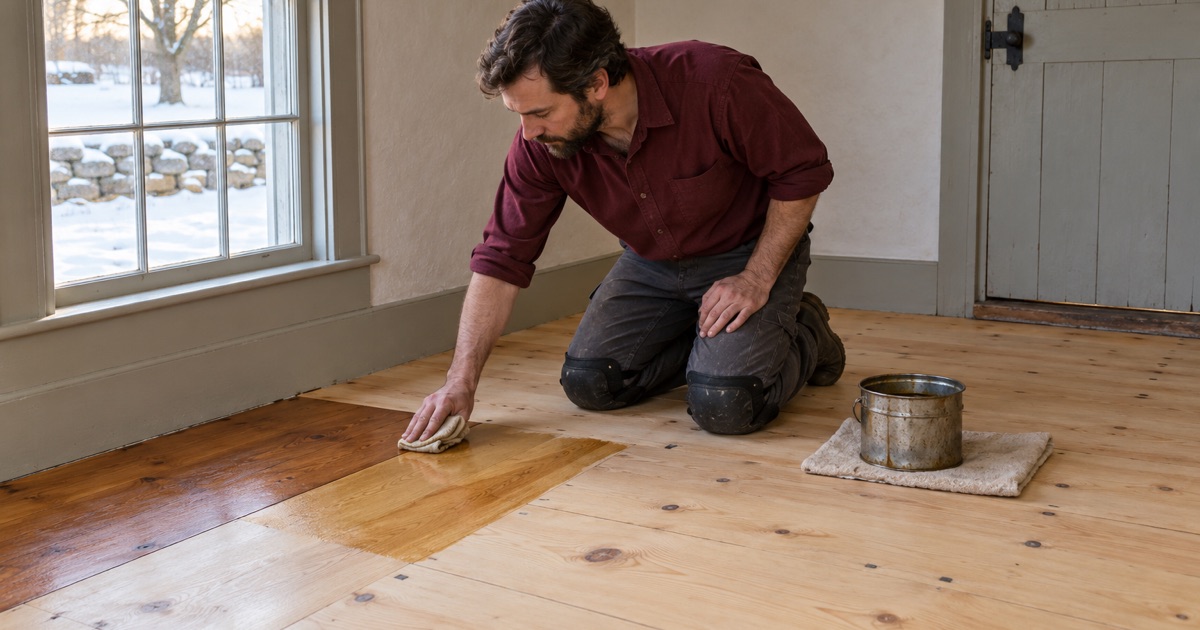 Worker wiping a test patch of clear finish onto sanded wide pine floorboards in an old New England farmhouse room.