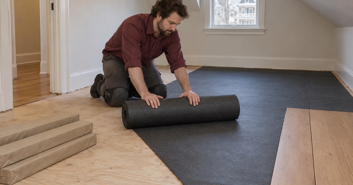 Worker unrolling acoustic underlayment across the subfloor of a top-floor flat in Lawrence, MA, before new oak flooring goes down.