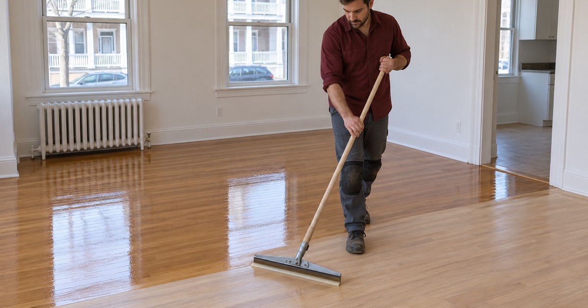 Worker coating a sanded oak floor in a vacant three-decker apartment in Lawrence, MA, between tenants.