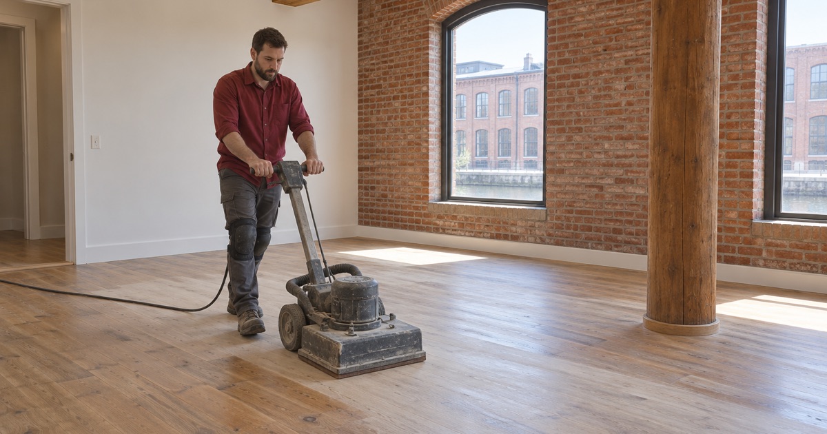 Worker running a square orbital sander over a wide oak plank floor in a condominium inside a converted brick mill building in Lawrence, MA.