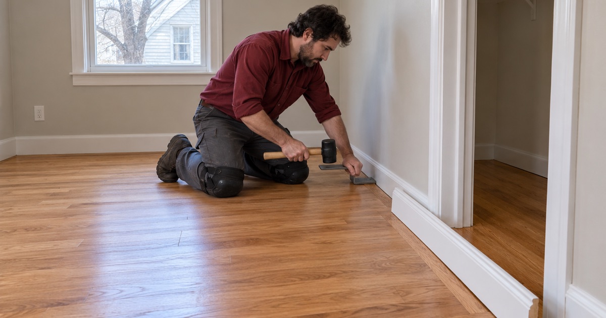 Worker pulling the last row of new oak tight to the wall in a Lawrence, MA, bedroom where old carpet was taken out.