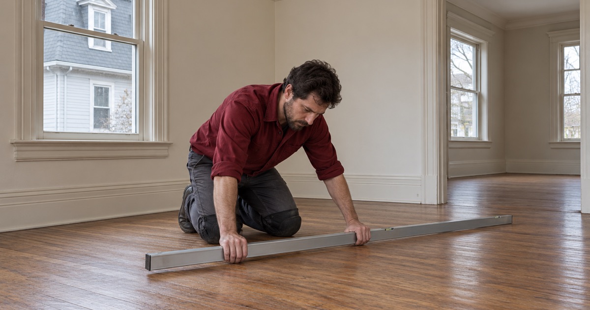 Worker laying a long level across a sloping oak floor in an old two-family house in Lawrence, MA, to read how far it falls before any work is planned.