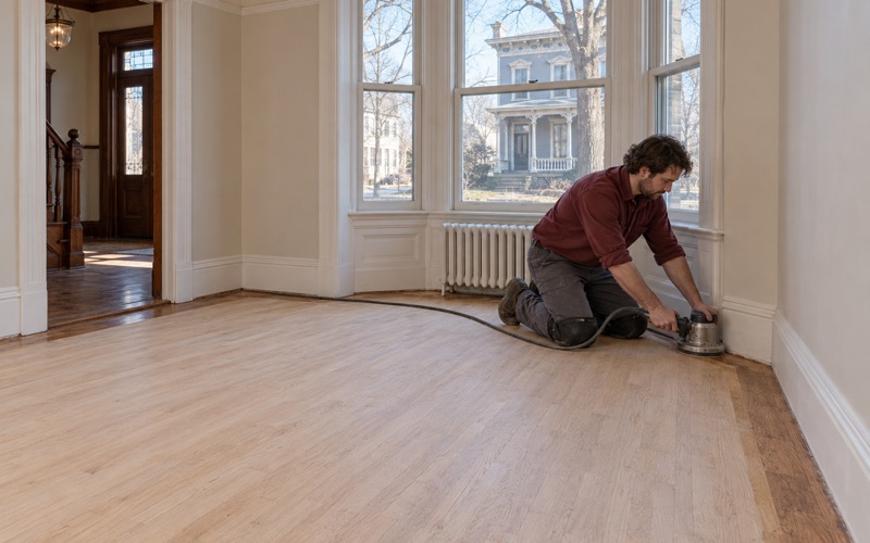 Worker edging a sanded red oak floor along the wall of a Victorian parlor in Lawrence, MA, with a radiator under the bay window.
