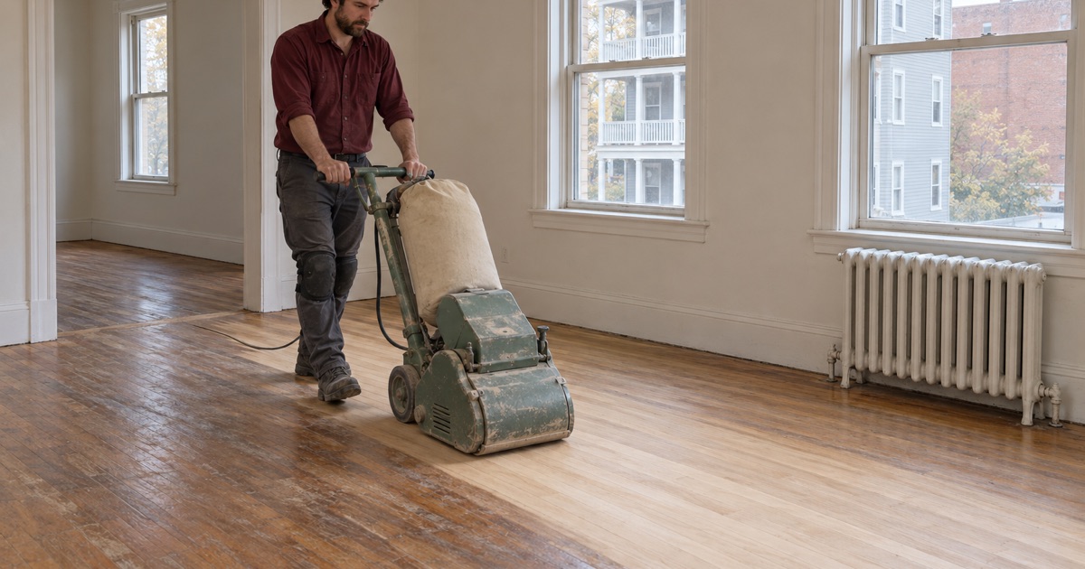 Worker walking a drum sander along red oak strip flooring in the middle flat of a three-decker in Lawrence, MA, a radiator under the front window.